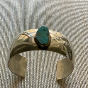 Vintage Native American Navajo wide sterling silver and turquoise cuff bracelet